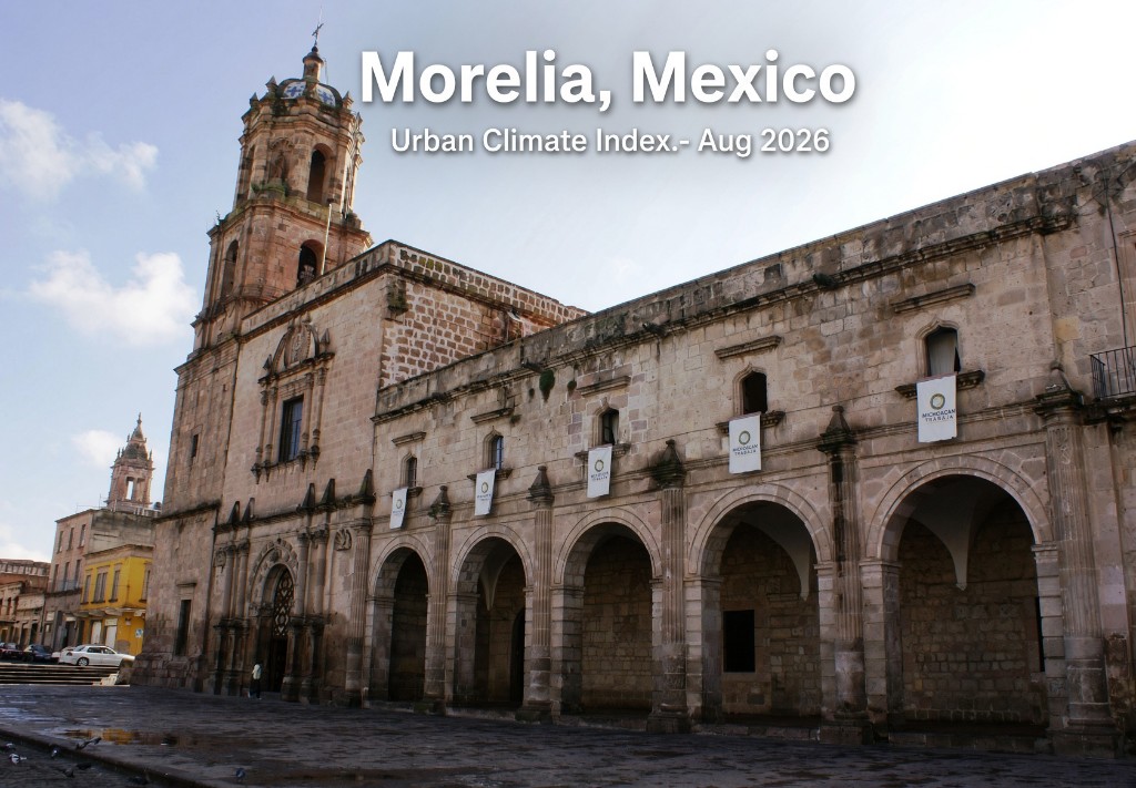 Plaza y catedral de Morelia, México, con la etiqueta Morelia Índice Climático Urbano, agosto 2026.
