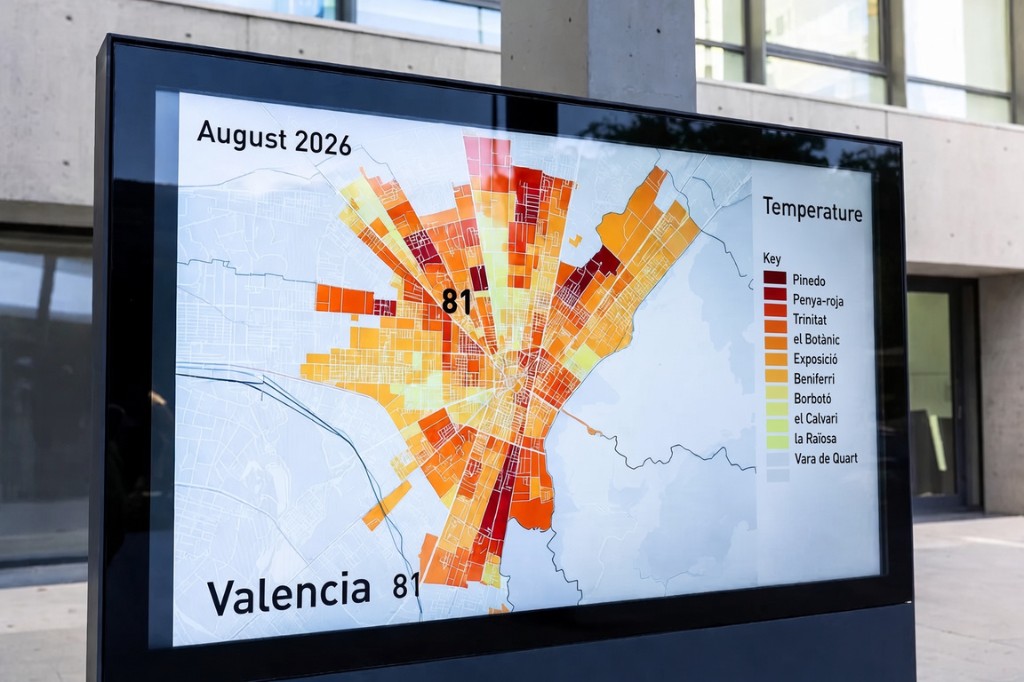 Écran dans la rue avec la carte de température de surface de València en août 2026, 81 quartiers.