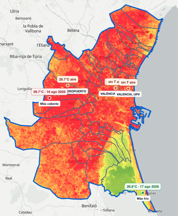 Temperatura de superfície da área metropolitana de València em agosto de 2026, oeste a vermelho, l’Albufera a verde, com o aeroporto e as estações meteorológicas.